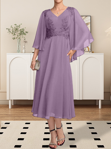 A-line V-Neck Tea-Length Chiffon Lace Mother of the Bride Dress With Beading Sequins