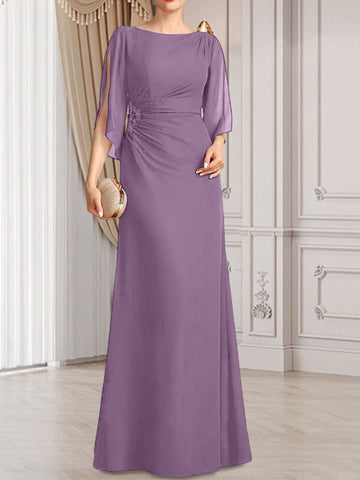 Vestido de corte recto/columna, largo hasta el suelo, de gasa, para la madre de la novia, con plisados ​​y cuentas.