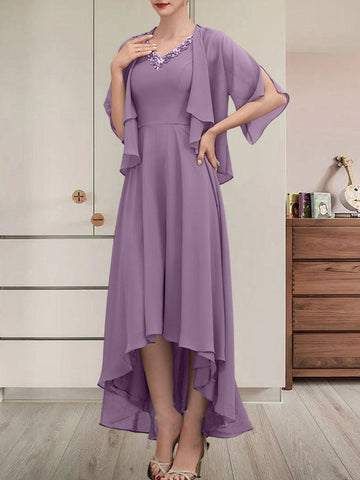 A-line V-Neck Asymmetrical Chiffon Mother of the Bride Dress With Beading Sequins