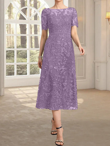 A-line Scoop Illusion Tea-Length Lace Mother of the Bride Dress With Sequins