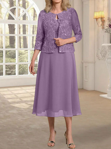 A-line Scoop Tea-Length Lace Chiffon Mother of the Bride Dress With Sequins