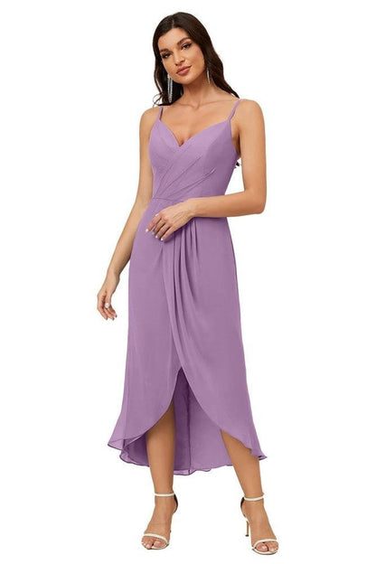 Spaghetti Chiffon V Neck Bridesmaid Dress Mid-Length Slit Formal Prom Dress Homecoming Dress 2803