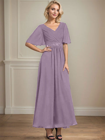 A-line V-Neck Ankle-Length Chiffon Mother of the Bride Dress With Pleated Beading Sequins