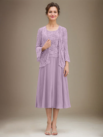 A-line Scoop Tea-Length Lace Chiffon Mother of the Bride Dress With Sequins