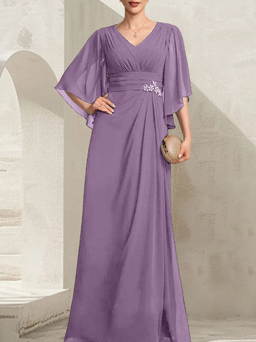 Sheath/Column V-Neck Floor-Length Chiffon Mother of the Bride Dress With Pleated Sequins Beading