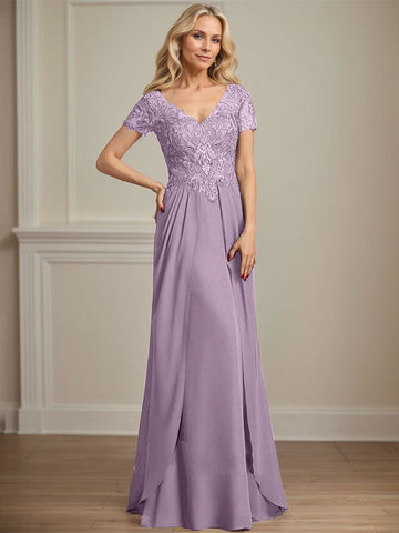 A-line V-Neck Floor-Length Chiffon Lace Mother of the Bride Dress
