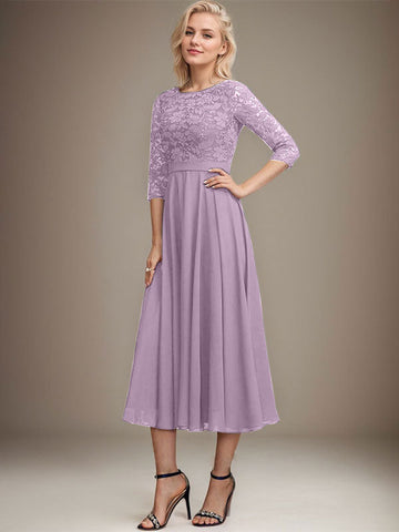 A-line Scoop Tea-Length Lace Chiffon Mother of the Bride Dress With Sequins