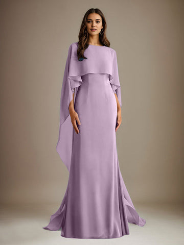 Sheath/Column Boatneck Floor-Length Chiffon Mother of the Bride Dress With Cascading Ruffles
