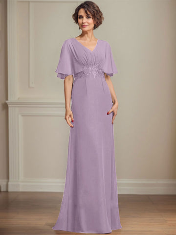 A-line V-Neck Floor-Length Chiffon Mother of the Bride Dress With Pleated Sequins Appliques Lace