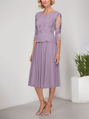 A-line Scoop Tea-Length Lace Chiffon Mother of the Bride Dress With Embroidery