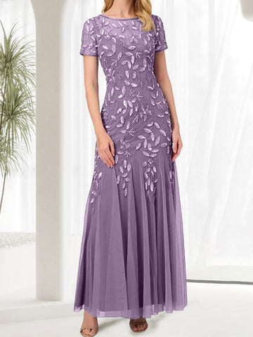 Vestido largo azul de sirena con cuello redondo para la madre de la novia con pedrería