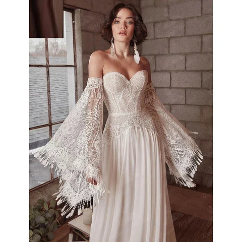 Mermaid Bohemian Wedding Dresses Women's Lace Flare Sleeve Elegant Sweetheart Strapless Chiffon Bridal Gowns A-Line Robe Vestido