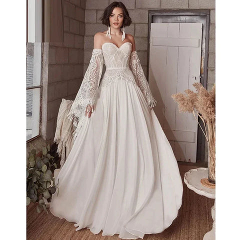 Mermaid Bohemian Wedding Dresses Women's Lace Flare Sleeve Elegant Sweetheart Strapless Chiffon Bridal Gowns A-Line Robe Vestido