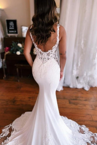Mermaid Fabulous Floor-Length Stain V-Neck Sleeveless Lace Wedding Dresses with Appliques