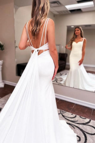 Mermaid Sweetheart Floor-Length Sleeveless Stain Wedding Dresses with Ruffles