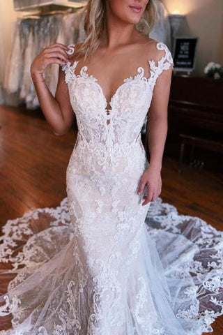 Mermaid Sweetheart Off-The-Shoulder Tulle Wedding Dresses with Lace