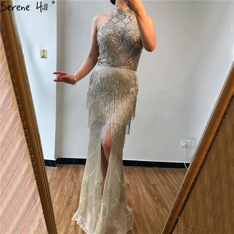 On Sale no return no refund Mermaid Tassel Luxury Halter Rhinestones Evening Dress Pageant Gown Sleeveless Mermaid Split Robe de Soiree LA60776