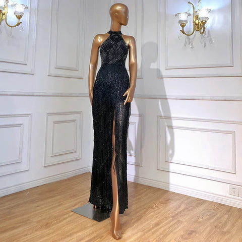 On Sale no return no refund Mermaid Tassel Luxury Halter Rhinestones Evening Dress Pageant Gown Sleeveless Mermaid Split Robe de Soiree LA60776