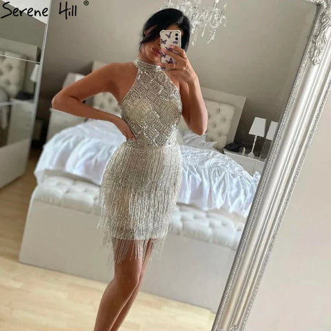 On Sale no return no refund Mermaid Tassel Luxury Halter Rhinestones Evening Dress Pageant Gown Sleeveless Mermaid Split Robe de Soiree LA60776