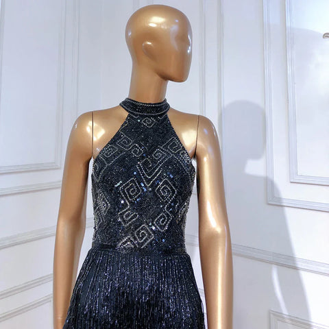 On Sale no return no refund Mermaid Tassel Luxury Halter Rhinestones Evening Dress Pageant Gown Sleeveless Mermaid Split Robe de Soiree LA60776