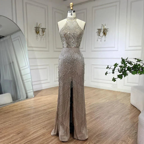 On Sale no return no refund Mermaid Tassel Luxury Halter Rhinestones Evening Dress Pageant Gown Sleeveless Mermaid Split Robe de Soiree LA60776