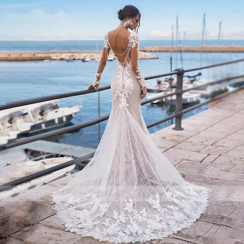 Mermaid Wedding Dress Sexy Women's Backless Long Sleeve Bridal Gowns Embroidery Applique Lace Beach Wedding Party Vesido Noiva