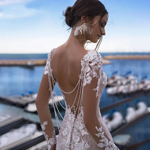 Mermaid Wedding Dress Sexy Women's Backless Long Sleeve Bridal Gowns Embroidery Applique Lace Beach Wedding Party Vesido Noiva