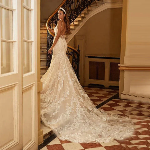 Mermaid Wedding Dresses 2023 Women's Sexy V-neck Lace Applique Spaghetti Shoulder Strap Vestido De Novia Bridal Gowns Backless