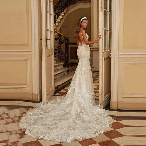 Mermaid Wedding Dresses 2023 Women's Sexy V-neck Lace Applique Spaghetti Shoulder Strap Vestido De Novia Bridal Gowns Backless