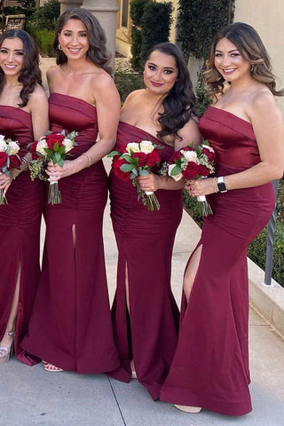 Mermaid Satin Strapless Burgundy Bridesmaid Dress with Slit BD126