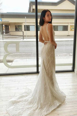 Mermaid V Neck  Lace Wedding Dresses Backless Bridal Gown  WD598