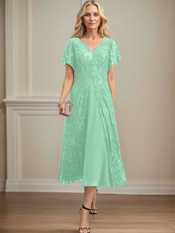 A-line V-Neck Tea-Length Lace Chiffon Mother of the Bride Dress
