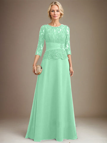 A-line Scoop Illusion Floor-Length Chiffon Lace Mother of the Bride Dress With Pleated Sequins Beading