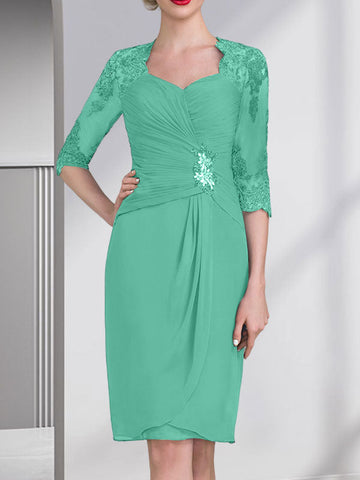 Sheath/Column Sweetheart Knee-Length Chiffon Mother of the Bride Dress With Beading Appliques Lace Sequins Pleated