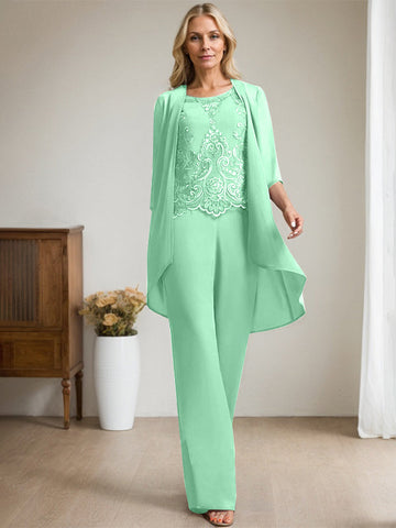 Separates Jumpsuit/Pantsuit Scoop Floor-Length Chiffon Lace Mother of the Bride Dress With Beading Sequins