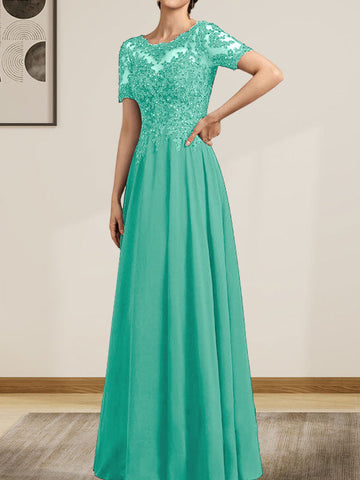 A-line Scoop Illusion Floor-Length Chiffon Lace Mother of the Bride Dress With Sequins Beading