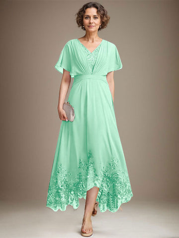 A-line V-Neck Asymmetrical Lace Chiffon Mother of the Bride Dress With Pleated
