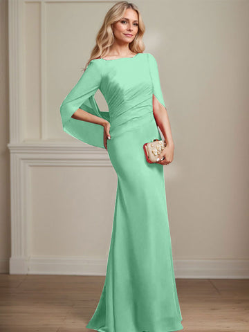 Trumpet/Mermaid Boat Neck Floor-Length Chiffon Mother of the Bride Dress With Pleated