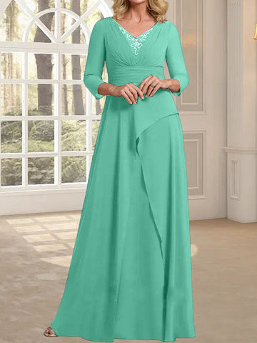 A-line V-Neck Floor-Length Chiffon Mother of the Bride Dress With Pleated Beading