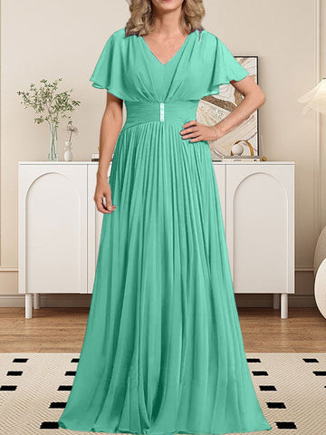 A-line V-Neck Floor-Length Chiffon Mother of the Bride Dress With Crystal Brooch Pleated