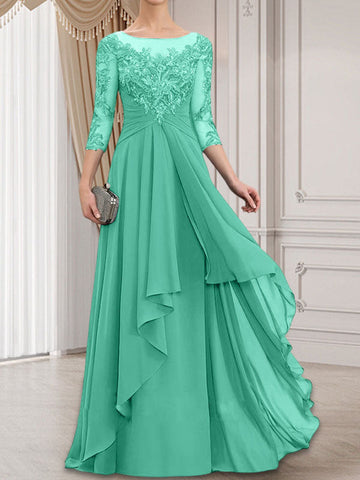 A-line Scoop Illusion Floor-Length Lace Chiffon Mother of the Bride Dress With Cascading Ruffles