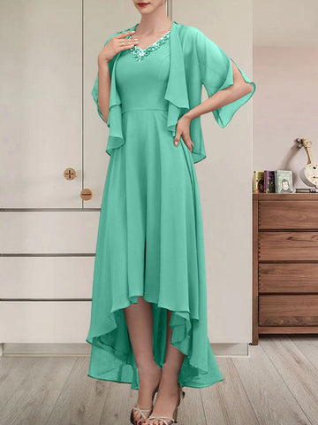 A-line V-Neck Asymmetrical Chiffon Mother of the Bride Dress With Beading Sequins