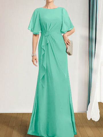 A-line Scoop Floor-Length Chiffon Mother of the Bride Dress With Cascading Ruffles Beading Sequins