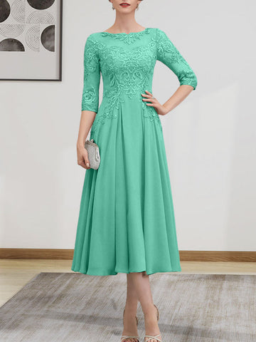 A-line Scoop Illusion Tea-Length Chiffon Lace Mother of the Bride Dress With Beading Sequins