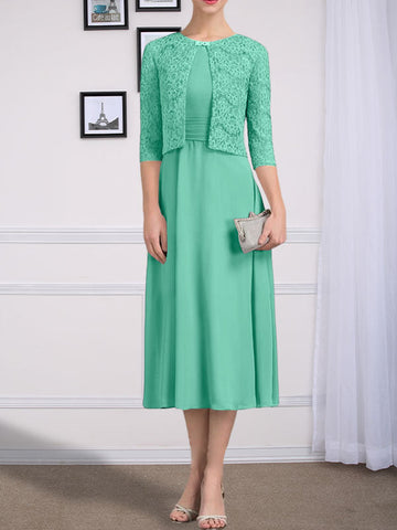 A-line Scoop Tea-Length Chiffon Mother of the Bride Dress With Pleated