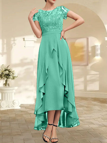 A-line Scoop Illusion Asymmetrical Chiffon Lace Mother of the Bride Dress With Bow Ruffle Sequins