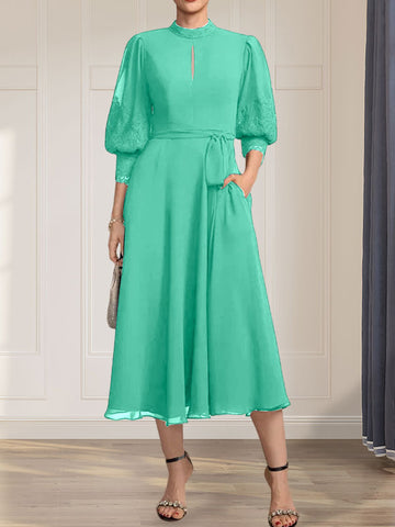 A-line High Neck Tea-Length Lace Chiffon Mother of the Bride Dress With Bow