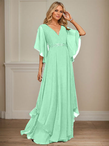 A-line V-Neck Floor-Length Chiffon Mother of the Bride Dress With Sequins Appliques Lace Beading