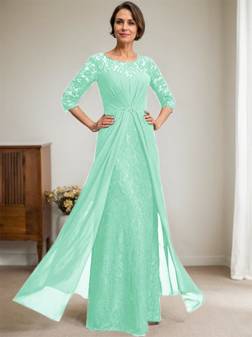 A-Line Scoop Illusion Floor-Length Lace Chiffon Mother Of the Bride Dress With Beading Ruffles