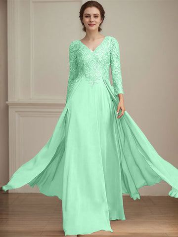 A-line V-Neck Floor-Length Lace Chiffon Mother of the Bride Dress With Sequins